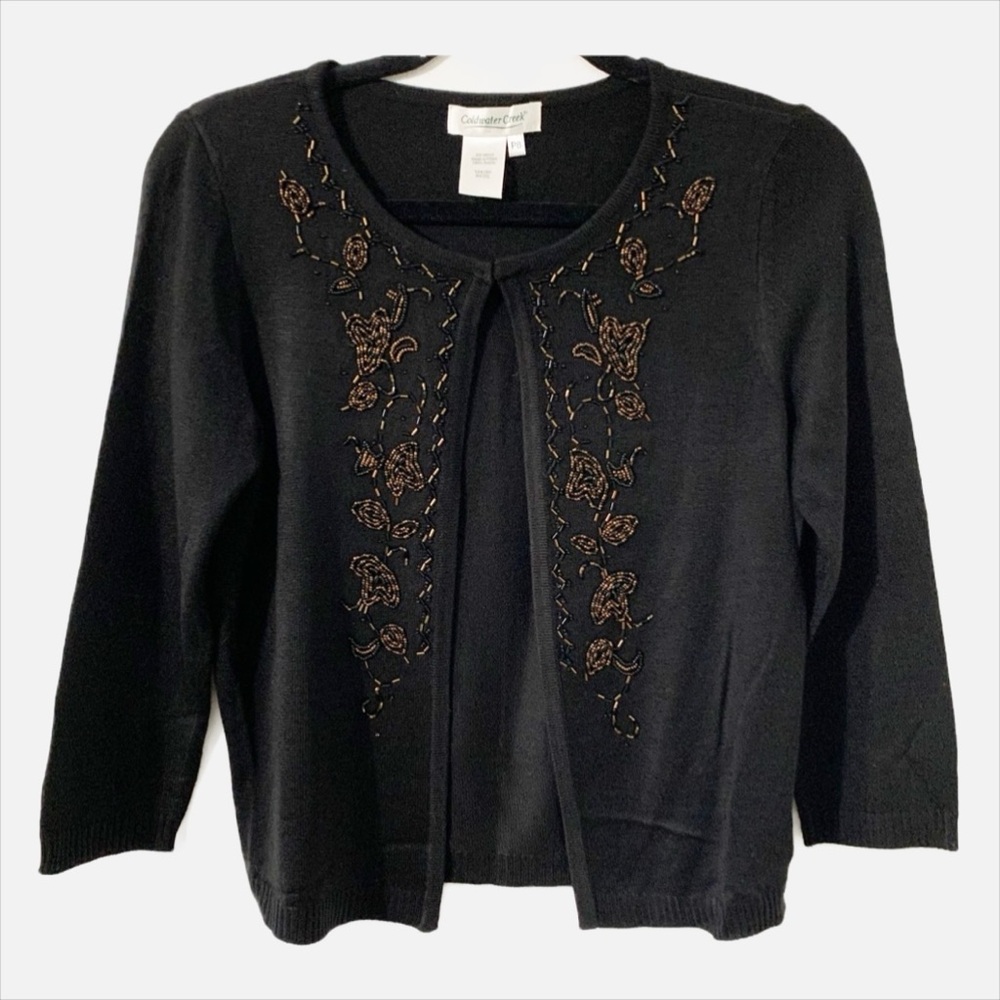 Coldwater Creek Three Quarter Sleeves Cardigan Sweater with Beading Hook Closure